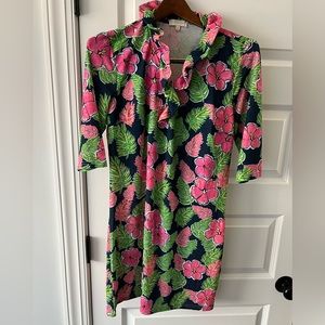 Simply Southern Dress SZ small ruffle Neckline Floral Print V Neck Colorful EUC